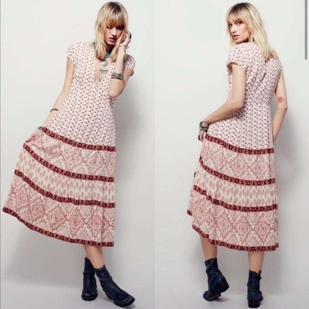 Free People Bella Norte Blush and Cream Patterned Midi Dress